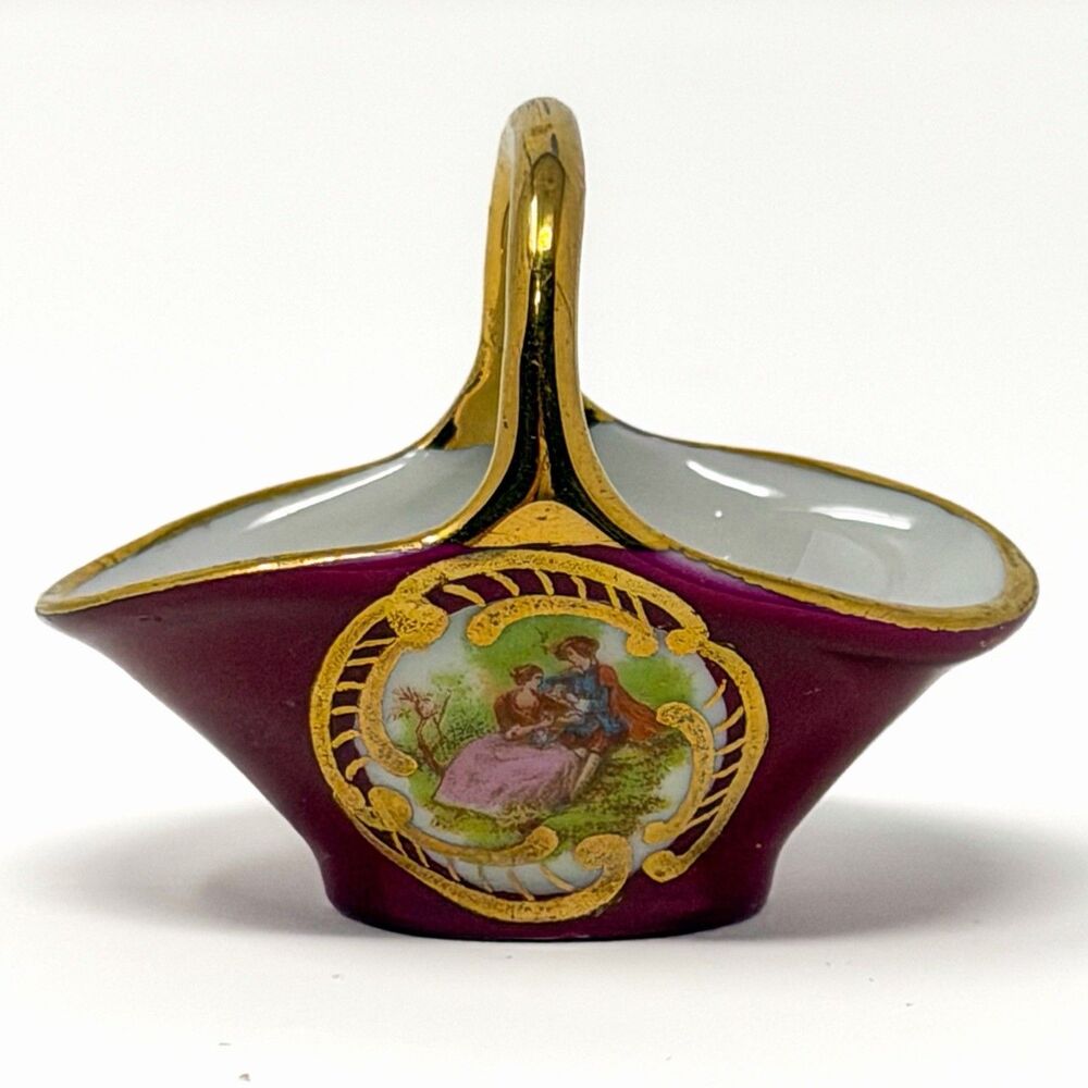 Veritable Limoges France Mini Basket Courting Scene Red Gold Trinket Dish